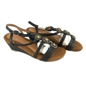 Alexis Leroy Womens Sandals Wedge Ankle Strap Beaded Faux Leather Black 37 US 6